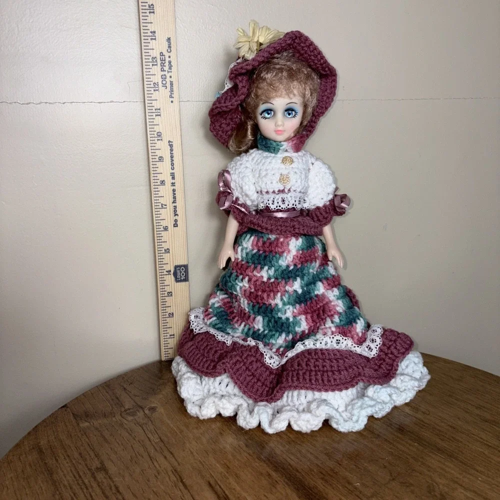 Vintage Crochet Doll Handmade Mauve Multicolor Dress